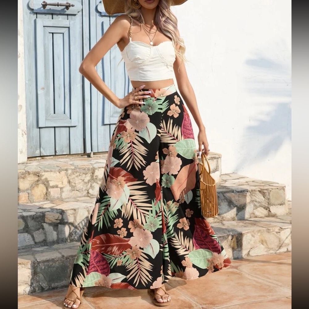 Boho floral leaves tropical print wide leg palazzo pants - Picture 1 of 12